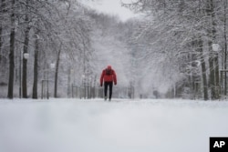 Seorang pria berjalan melewati taman Tiergarten yang tertutup salju pada musim dingin yang kelabu di Berlin, Jerman, Jumat, 5 Januari 2024. (AP/Markus Schreiber)